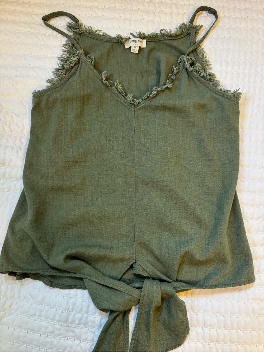 Umgee USA Olive Green Frayed Tie Front Cami Tank Top Medium